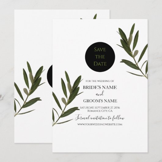 Save The Date Mariage de verdure Feuille d'olive (Devant / Derrière)