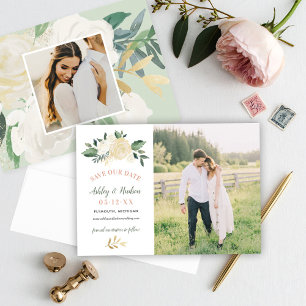 Save The Date Mariage de verdure florale d'or vert Photo