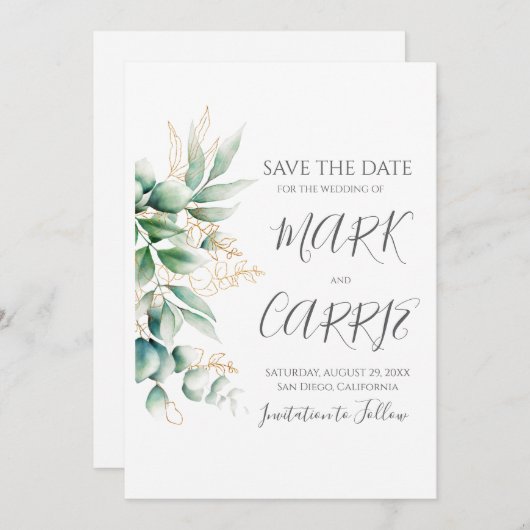 Save The Date Mariage de verdure rustique d'eucalyptus (Devant / Derrière)