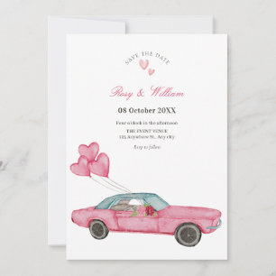 Save The Date Mariage de voiture rose aquarelle