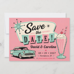 Save The Date Mariage de voiture rose fun Vintage Rétro Diner de