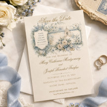 Mariage d'église florale bleue vintage avec écritu