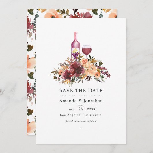 Save The Date Mariage dégustation de vin floral pêche borde (Devant / Derrière)