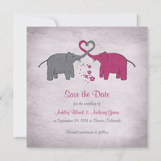 Save The Date Mariage d'éléphants rose et gris Enregistrer la da (Devant)