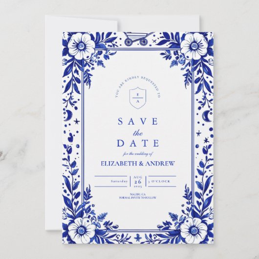 Save The Date Mariage Delft Blue White Chinoiserie (Devant)