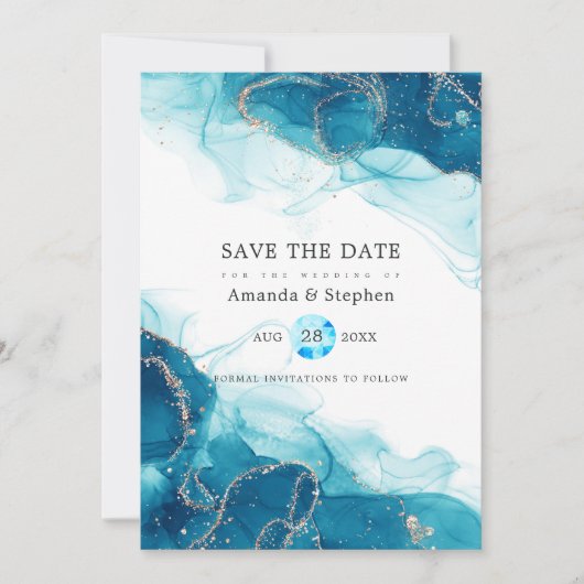 Save The Date Mariage d'encre d'alcool turquoise et or (Devant)