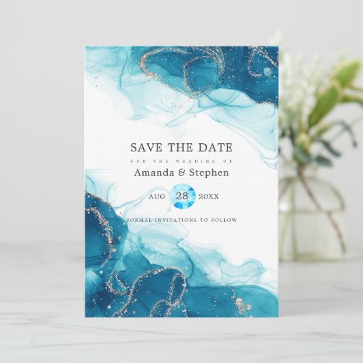 Save The Date Mariage d'encre d'alcool turquoise et or (Debout devant)
