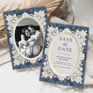 Save The Date Mariage dentelle de vieille fortune bleu marine iv