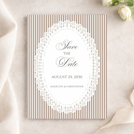 Save The Date Mariage dentelle rayée marron Mocha