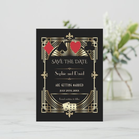 Save The Date Mariage des années 1920 Roaring Gold Black Art Déc (Debout devant)