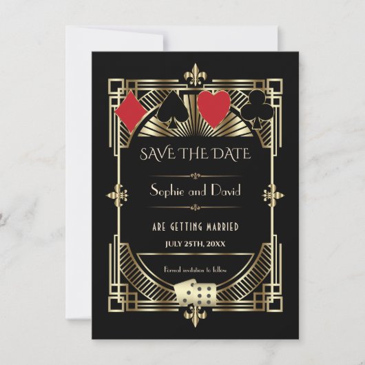 Save The Date Mariage des années 1920 Roaring Gold Black Art Déc (Devant)