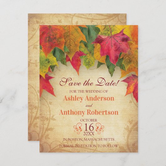 Save The Date Mariage des Feuilles de l'érable Sauvez la date Au (Devant / Derrière)