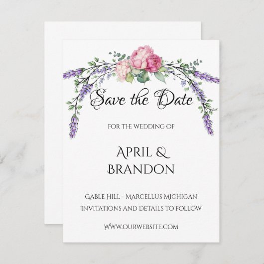 Save The Date Mariage des pivoines roses de lavande et d'Eucalyp (Devant / Derrière)