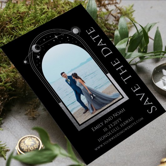 Save The Date Mariage d'espace mystique Black Silver Sun Moon St