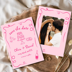 Save The Date Mariage Dessin à la Main Fantaisiste Photo Rose Ch