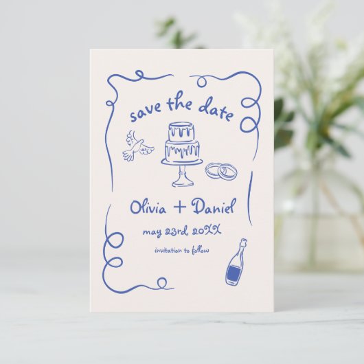 Save The Date Mariage Dessiné à la Main avec Fantaisie Bleu Mari (Debout devant)