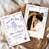 Save The Date Mariage Dessiné à la Main avec Fantaisie Bleu Mari