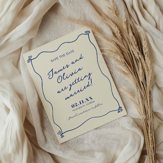 Save The Date Mariage Dessiné à la Main Bleu Fantaisiste