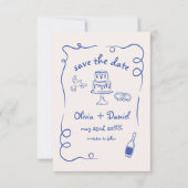 Save The Date Mariage Dessiné à la Main Fantaisiste Bleu Marine (Devant)