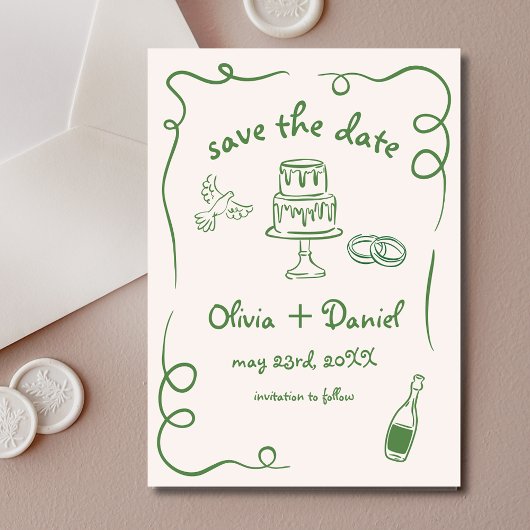 Save The Date Mariage Dessiné à la Main Fantaisiste Drôle Vert