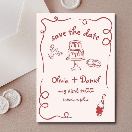 Save The Date Mariage Dessiné à la Main Fantaisiste Rouge
