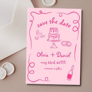 Save The Date Mariage Dessiné à la Main Funky Rose Chaud Fantais