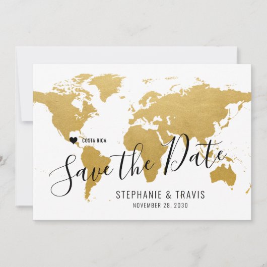 Save The Date Mariage Destination World Map Gold Moveable Heart (Devant)