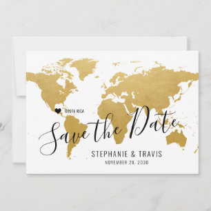 Save The Date Mariage Destination World Map Gold Moveable Heart