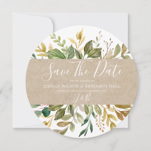 Save The Date Mariage d'été de feuille verte aquarelle Automne (Devant)