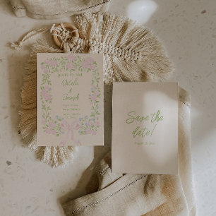 Save The Date Mariage d'été floral avec ruban vert rose dessiné