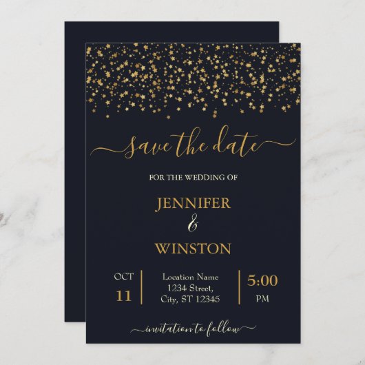 Save The Date Mariage D'Étoiles D'Or Moderne Et Classique (Devant / Derrière)