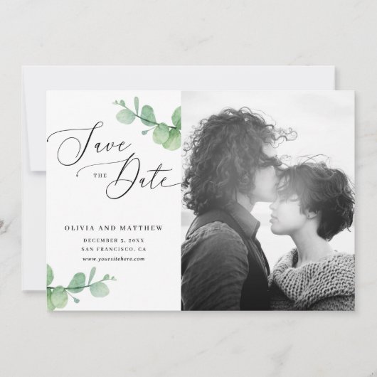 Save The Date Mariage d'eucalyptus | Aquarelle photo botanique (Devant)