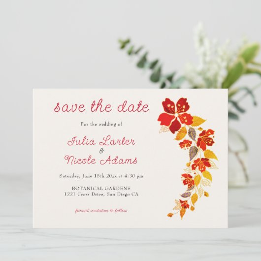 Save The Date Mariage d'hibiscus tropicaux d'Orange brulé (Debout devant)