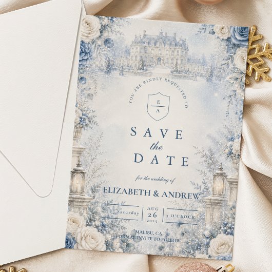 Save The Date Mariage d'hiver bleu intemporel