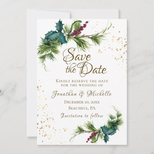 Save The Date Mariage d'hiver Evergreen Rouge Baies de Noël (Devant)