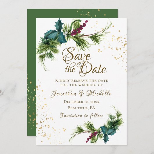 Save The Date Mariage d'hiver Evergreen Rouge Baies de Noël (Devant / Derrière)
