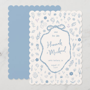 Save The Date Mariage d'hiver Fleurs bleues dessinées à la main