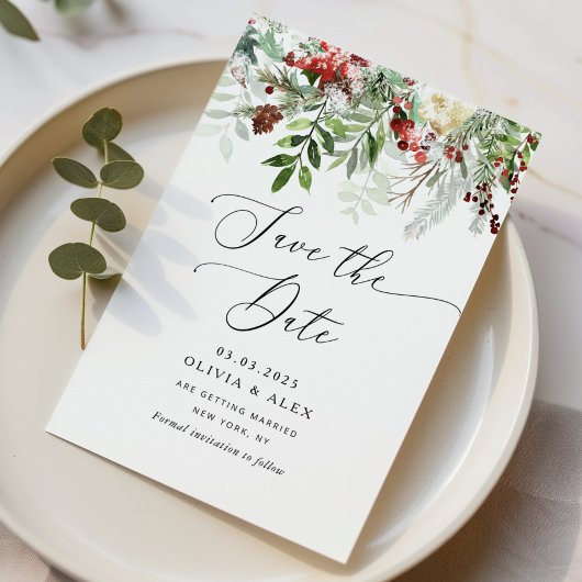 Save The Date Mariage d'hiver Noël à feuilles persistantes Enreg