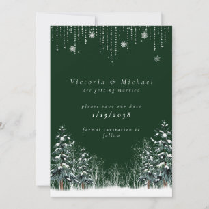 Save The Date Mariage d'hiver Pins Arbres Snowflakes
