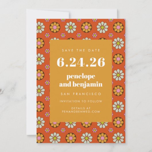 Save The Date Mariage d'image orange brillant les années 70 Fleu (Devant)
