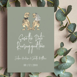 Save The Date Mariage Dinosaure Mariée & Marié Vert Sage