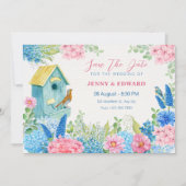 Save The Date Mariage d'oiseau fleurs rose bleu (Devant)