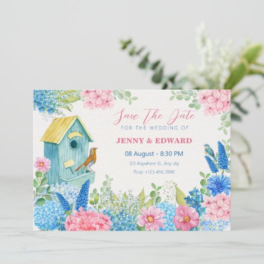Save The Date Mariage d'oiseau fleurs rose bleu (Debout devant)