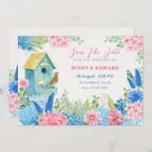 Save The Date Mariage d'oiseau fleurs rose bleu (Devant / Derrière)