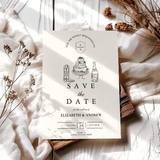 Save The Date Mariage doodlé main noire et blanche occidentale