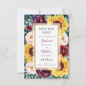 Save The Date Mariage d'or Sunflowers Navy Blue Burgundy (Devant)