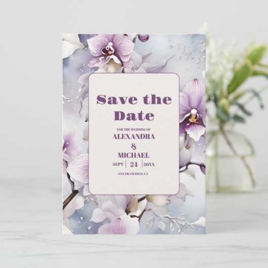 Save The Date Mariage d'orchidée pourpre (Debout devant)