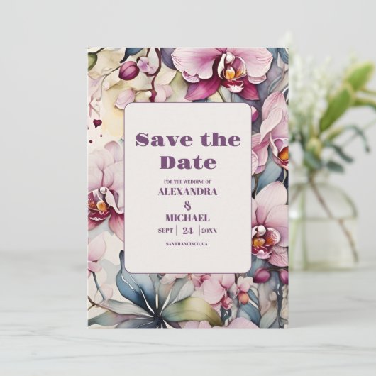 Save The Date Mariage d'orchidées rose chaud Fuchsia (Debout devant)