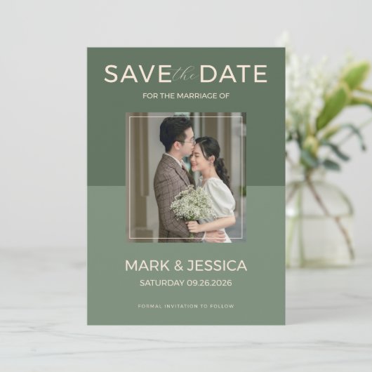 Save The Date Mariage double bonheur Vert sauge (Debout devant)