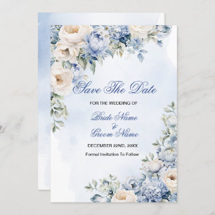 Save The Date Mariage Dusty Blue Watercolor Fleurs d'ivoire Feui